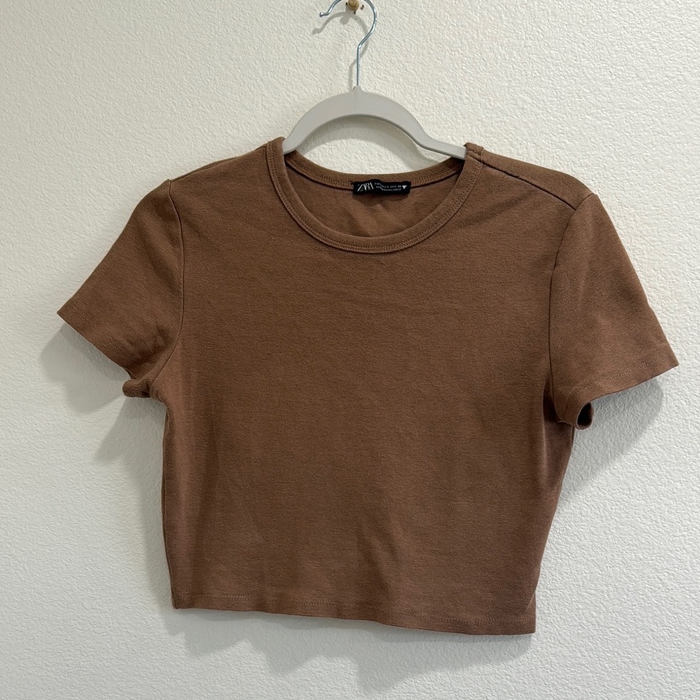 Zara Brown Fitted Crop T-Shirt